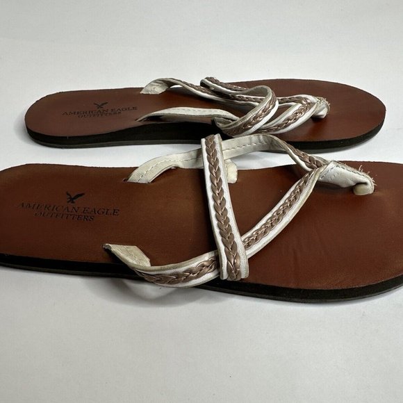 American Eagle Outfitters AEO Leather Flat Strappy White Bronze Sandals Womans 8 - Picture 4 of 6